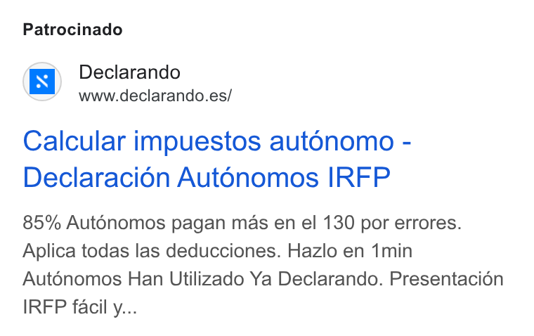 Declarando ad on Google Ads: Patrocinado Calcular impuestos autonomo - Declaracion Aut6nomos IRFP 85% Aut6nomos pagan mas en el 130 por errores. Aplica todas las deducciones. Hazlo en 1min Auténomos Han Utilizado Ya Declarando. Presentacién IRFP facil y...