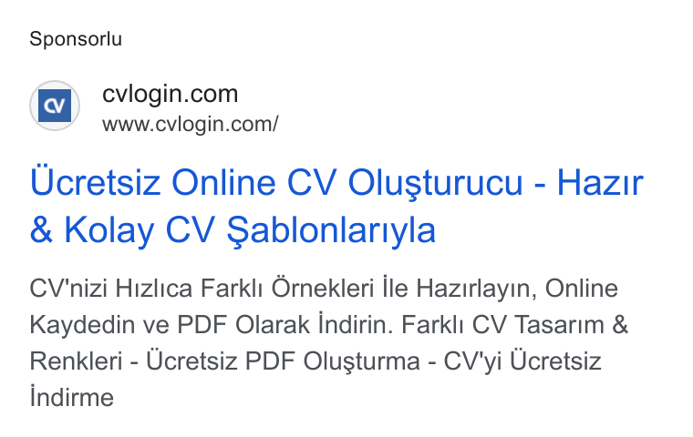 cvlogin ad on Google Ads: www.cviogin.com/ Ucretsiz Online CV Olusturucu - Hazir Kolay CV Sablonlariyla CV'nizi Hizlica Farkli Ornekleri [le Hazirlayin, Online Kaydedin ve PDF Olarak indirin. Farkli CV Tasarim & Renkleri - Ucretsiz PDF Olusturma - CV'yi Ucretsiz indirme