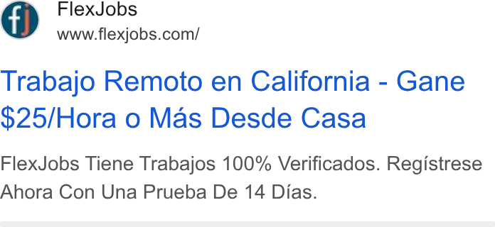Sonara ad on Google Ads: Trabajo Remoto en California - Gane $25/Hora o Mas Desde Casa Flex Jobs Tiene Trabajos 100% Verificados. Registrese Ahora Con Una Prueba De 14 Dias.