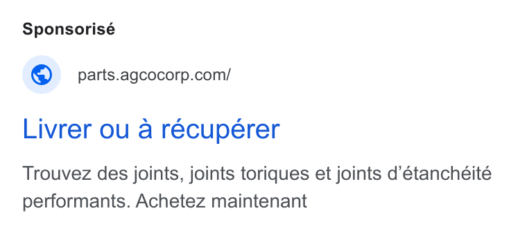 AGCO ad on Google Ads: Livrer ou a recuperer Trouvez des joints, joints toriques et joints d’etancheité performants. Achetez maintenant