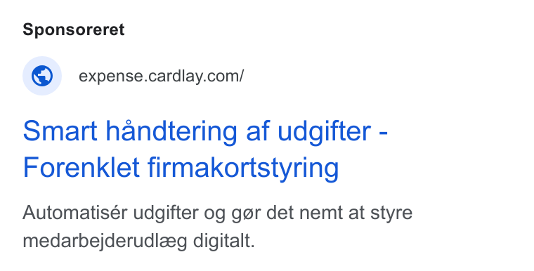 Cardlay ad on Google Ads: Smart handtering af udgifter - Forenklet firmakortstyring Automatisér udgifter og gor det nemt at styre medarbejderudleeg digitalt.