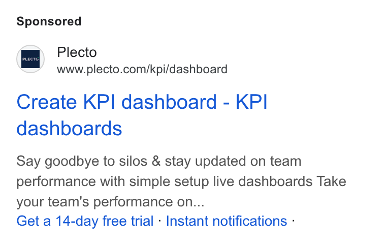 Plecto ad on Google Ads: Create KPI dashboard - KPI dashboards Say goodbye to silos & stay updated on team performance with simple setup live dashboards Take your team's performance on... Get a 14-day free trial - Instant notifications -