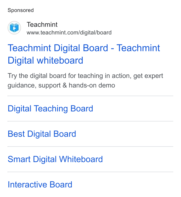 Teachmint ad on Google Ads: Teachmint Digital Board - Teachmint Digital whiteboard Try the digital board for teaching in action, get expert guidance, support & hands-on demo Digital Teaching Board Best Digital Board Smart Digital Whiteboard Interactive Board