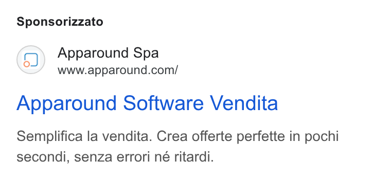 Apparound ad on Google Ads: Sponsorizzato Apparound Software Vendita Semplifica la vendita. Crea offerte perfette in pochi secondi, senza errori né ritardi.
