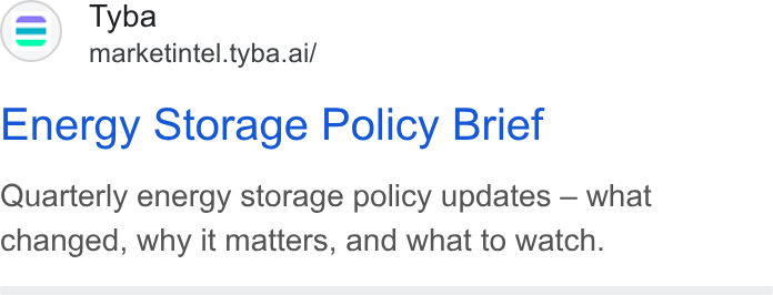 Tyba ad on Google Ads: Tyba marketintel.tyba.ai/ Energy Storage Policy Brief Quarterly energy storage policy updates — what changed, why it matters, and what to watch.