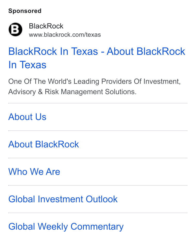 BlackRock ad on Google Ads: Black Rock In Texas - About Black Rock In Texas One Of The World's Leading Providers Of Investment, Advisory & Risk Management Solutions. About Us About Black Rock Who We Are Global Investment Outlook Global Weekly Commentary