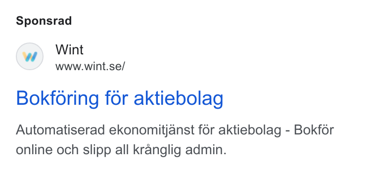 Wint ad on Google Ads: Sponsrad Bokforing for aktiebolag Automatiserad ekonomitjanst for aktiebolag - Bokfor online och slipp all kranglig admin.