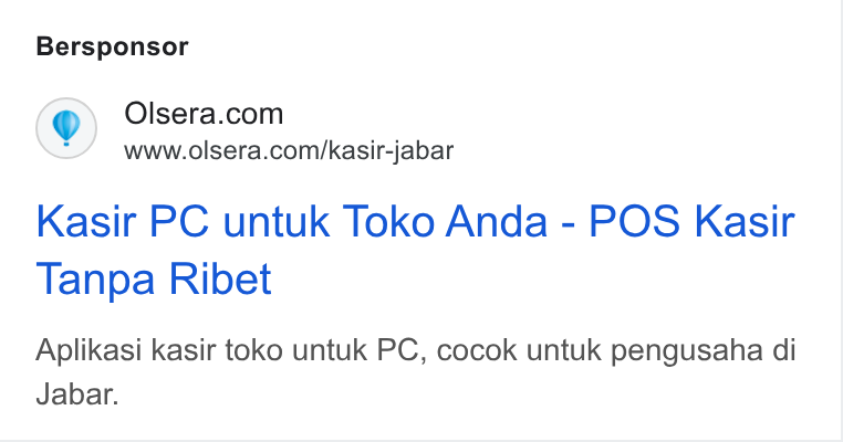 Olsera ad on Google Ads: www.olsera.com/kasir-jabar Kasir PC untuk Toko Anda - POS Kasir Tanpa Ribet Aplikasi kasir toko untuk PC, cocok untuk pengusaha di Jabar.