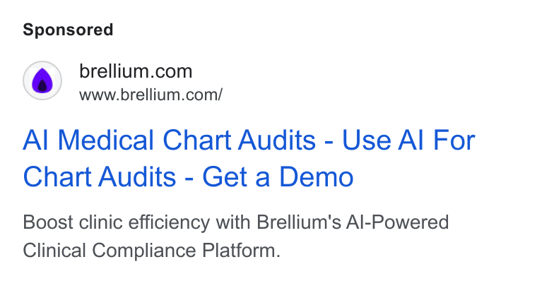 Brellium ad on Google Ads: www.brellium.com/ Al Medical Chart Audits - Use Al For Chart Audits - Get a Demo Boost clinic efficiency with Brellium's Al-Powered Clinical Compliance Platform.
