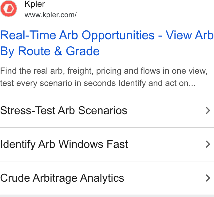 Kpler ad on Google Ads: Real-Time Arb Opportunities - View Arb By Route & Grade Find the real arb, freight, pricing and flows in one view, test every scenario in seconds Identify and act on... Stress-Test Arb Scenarios > Identify Arb Windows Fast > Crude Arbitrage Analytics >