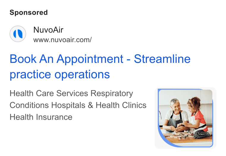 NuvoAir ad on Google Ads: Book An Appointment - Streamline practice operations Health Care Services Respiratory Conditions Hospitals & Health Clinics Health Insurance