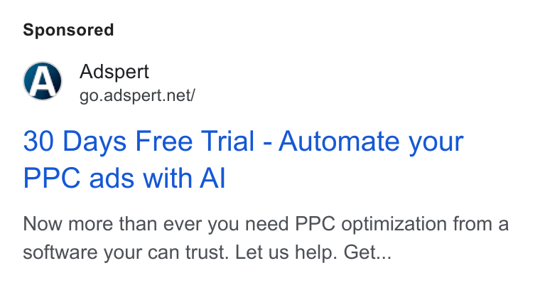 Adspert ad on Google Ads: 30 Days Free Trial - Automate your PPC ads with Al Now more than ever you need PPC optimization from a software your can trust. Let us help. Get...