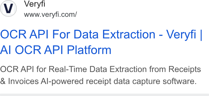 Veryfi ad on Google Ads: OCR API For Data Extraction - Veryfi | Al OCR API Platform OCR API for Real-Time Data Extraction from Receipts Invoices Al-powered receipt data capture software.