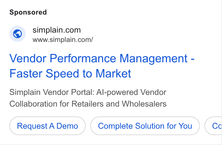 Wix ad on Google Ads: www.simplain.com/ Vendor Performance Management - Faster Speed to Market Simplain Vendor Portal: Al-powered Vendor Collaboration for Retailers and Wholesalers Request A Demo Complete Solution for You Cc