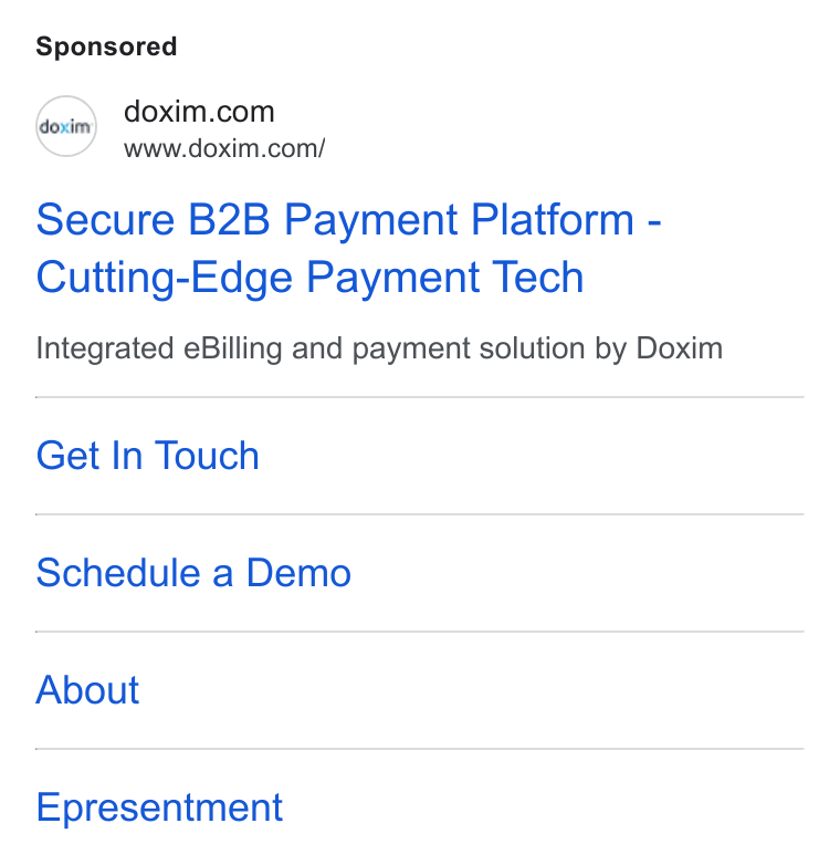 Doxim ad on Google Ads: www.doxim.com/ doxiny) Secure B2B Payment Platform - Cutting-Edge Payment Tech Integrated e Billing and payment solution by Doxim Get In Touch Schedule a Demo About Epresentment
