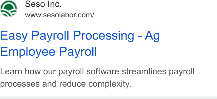 Seso ad on Google Ads: Easy Payroll Processing - Ag Employee Payroll Learn how our payroll software streamlines payroll processes and reduce complexity.