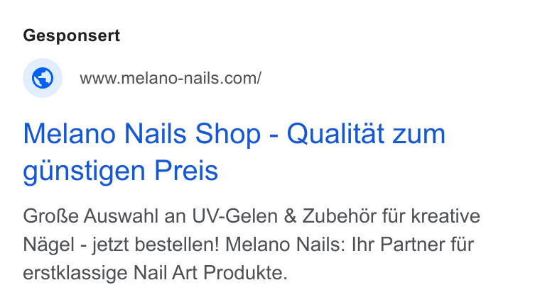 Shopgate ad on Google Ads: Melano Nails Shop - Qualitat zum gunstigen Preis Gro Re Auswahl an UV-Gelen & Zubehor fur kreative Nagel - jetzt bestellen! Melano Nails: Ihr Partner fur erstklassige Nail Art Produkte.