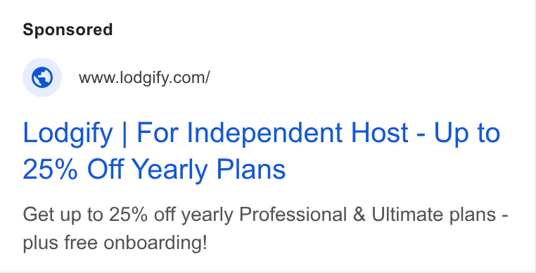 Lodgify ad on Google Ads: Lodgify | For Independent Host - Up to 25% Off Yearly Plans Get up to 25% off yearly Professional & Ultimate plans - plus free onboarding!