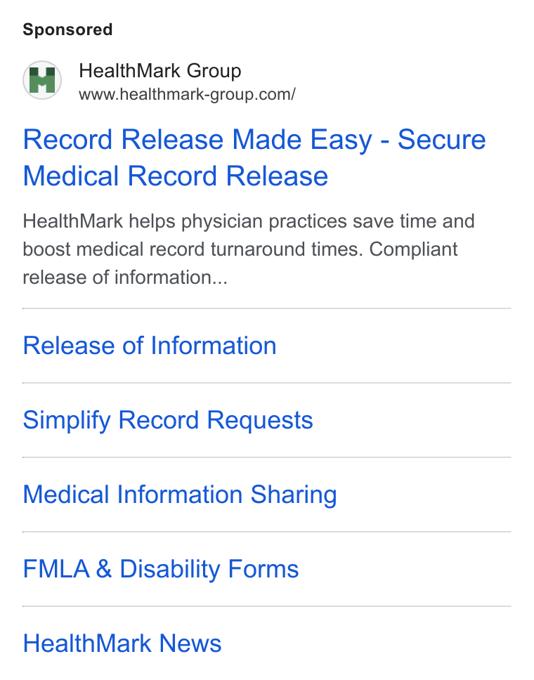 HealthMark Group ad on Google Ads: Record Release Made Easy - Secure Medical Record Release Health Mark helps physician practices save time and boost medical record turnaround times. Compliant release of information... Release of Information Simplify Record Requests Medical Information Sharing FMLA & Disability Forms Health Mark News