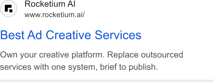 Rocketium ad on Google Ads: Rocketium Al www.rocketium.ai/ Best Ad Creative Services Own your creative platform. Replace outsourced services with one system, brief to publish.