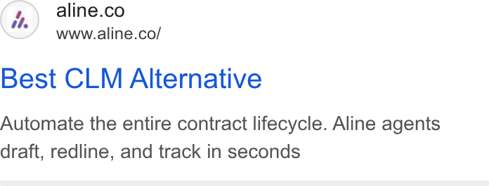 Aline ad on Google Ads: www.aline.co/ Best CLM Alternative Automate the entire contract lifecycle. Aline agents draft, redline, and track in seconds