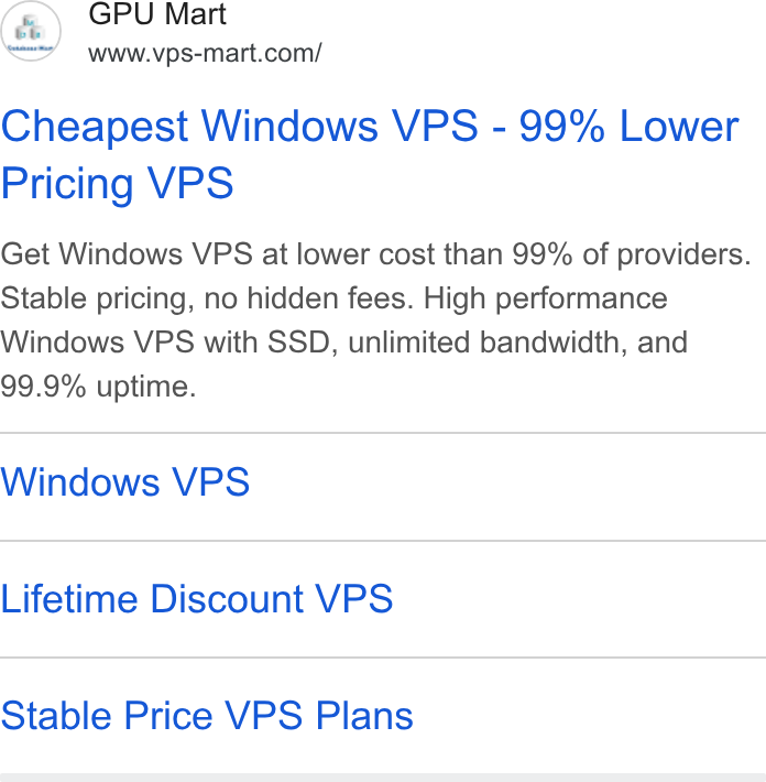 Database Mart ad on Google Ads: Cheapest Windows VPS - 99% Lower Pricing VPS Get Windows VPS at lower cost than 99% of providers. Stable pricing, no hidden fees. High performance Windows VPS with SSD, unlimited bandwidth, and 99.9% uptime. Windows VPS Lifetime Discount VPS Stable Price VPS Plans