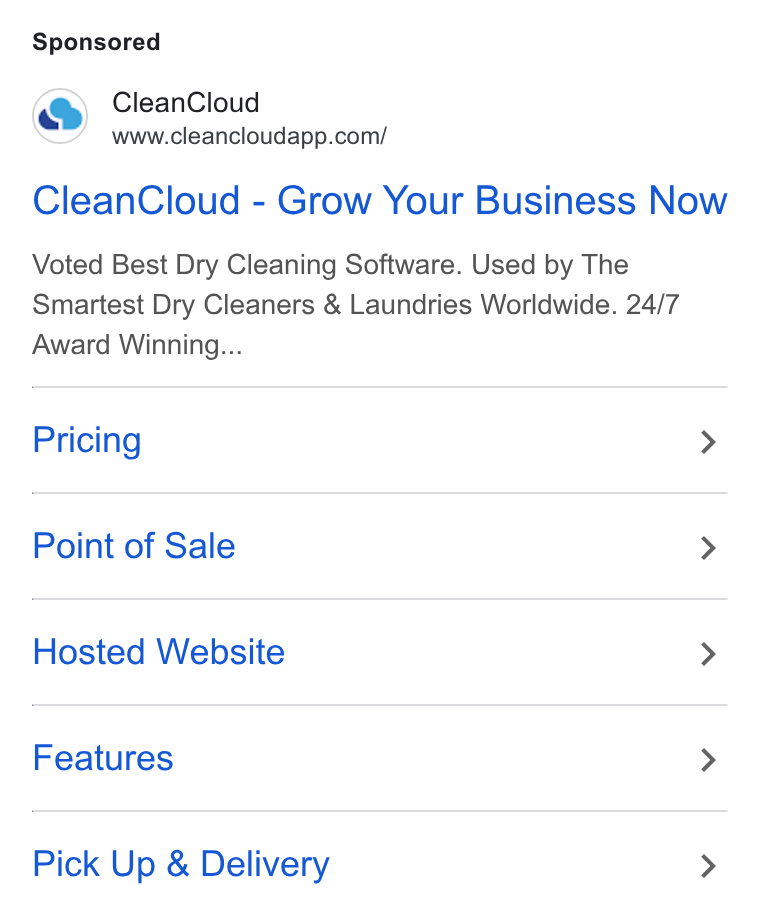 CleanCloud ad on Google Ads: Clean Cloud - Grow Your Business Now Voted Best Dry Cleaning Software. Used by The Smartest Dry Cleaners & Laundries Worldwide. 24/7 Award Winning... Pricing > Point of Sale > Hosted Website > Features > Pick Up & Delivery >