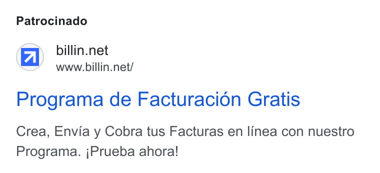 Billin ad on Google Ads: www.billin.net/ Programa de Facturacion Gratis Crea, Envia y Cobra tus Facturas en linea con nuestro Programa. j Prueba ahora!