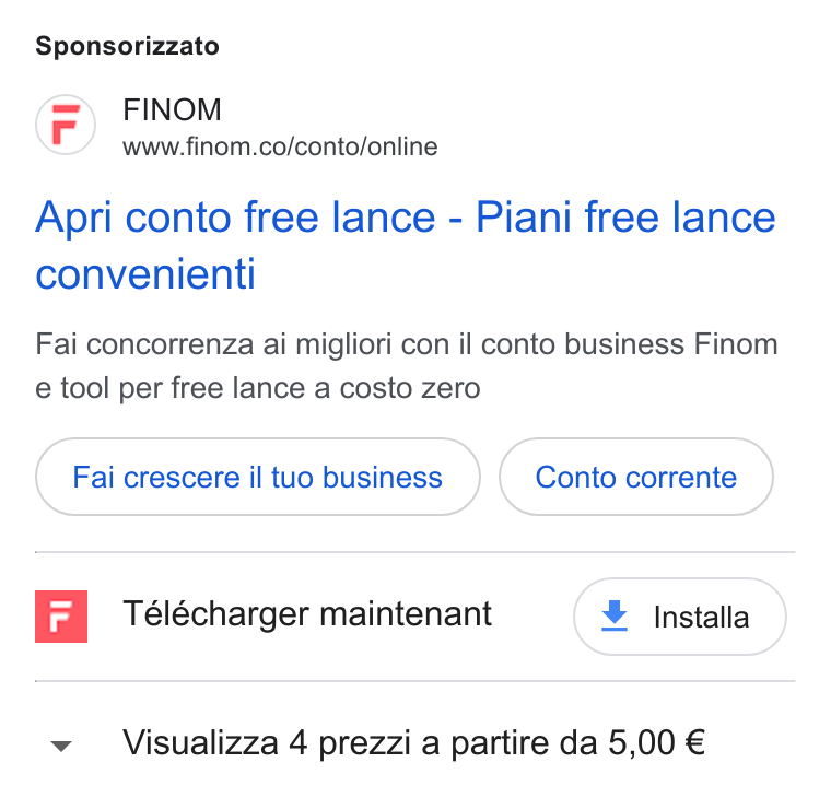 Finom ad on Google Ads: Sponsorizzato Apri conto free lance - Piani free lance convenienti Fai concorrenza ai migliori con il conto business Finom e tool per free lance a costo zero Fai crescere il tuo business Ed Télécharger maintenant Visualizza 4 prezzi a partire da 5,00 €