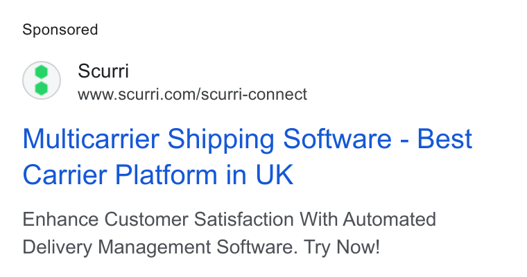 Scurri ad on Google Ads: Multicarrier Shipping Software - Best Carrier Platform in UK Enhance Customer Satisfaction With Automated Delivery Management Software. Try Now!