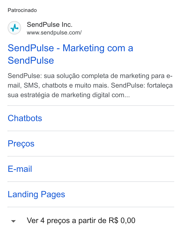 SendPulse ad on Google Ads: Patrocinado Send Pulse - Marketing com a Send Pulse Send Pulse: sua solugcao completa de marketing para e- mail, SMS, chatbots e muito mais. Send Pulse: fortalega sua estratégia de marketing digital com... Chatbots Pregos E-mail Landing Pages Ver 4pregcos a partir de R$ 0,00