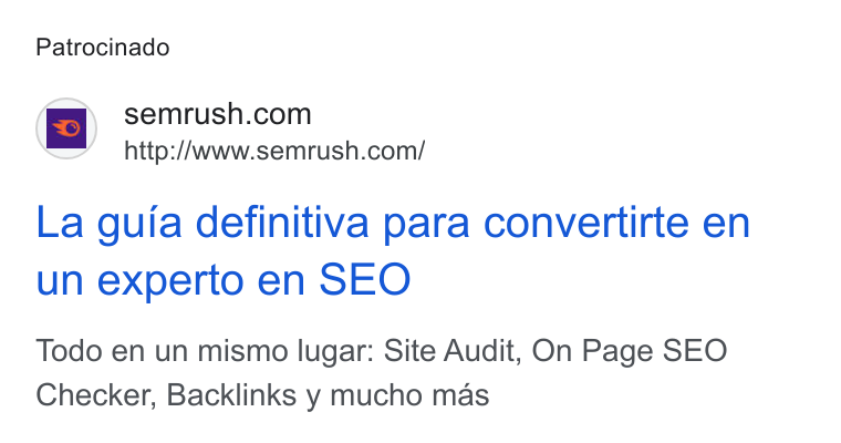Semrush ad on Google Ads: “— http:/Awww.semrush.com/ La guia definitiva para convertirte en un experto en SEO Todo en un mismo lugar: Site Audit, On Page SEO Checker, Backlinks y mucho mas
