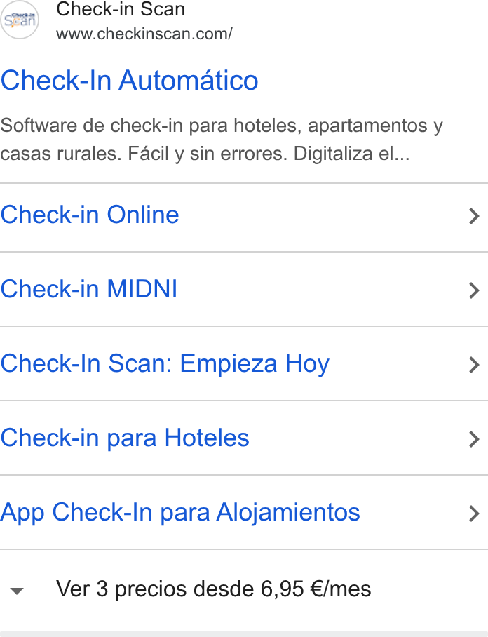 Check-in Scan ad on Google Ads: Check-In Automatico Software de check-in para hoteles, apartamentos y casas rurales. Facil y sin errores. Digitaliza el... Check-in Online > Check-in MIDNI > Check-In Scan: Empieza Hoy > Check-in para Hoteles > App Check-In para Alojamientos > Ver 3 precios desde 6,95 €/mes