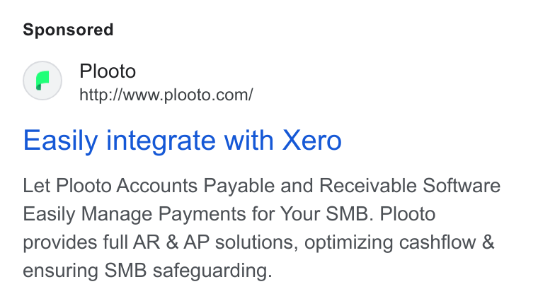 Plooto ad on Google Ads: Easily integrate with Xero Let Plooto Accounts Payable and Receivable Software Easily Manage Payments for Your SMB. Plooto provides full AR & AP solutions, optimizing cashflow & ensuring SMB safeguarding.