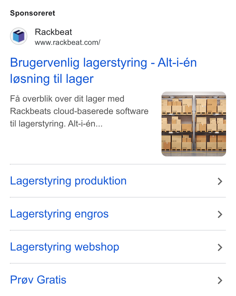 Rackbeat ad on Google Ads: Sponsoreret Brugervenlig lagerstyring - Alt-i-én I@sning til lager Fa overblik over dit lager med Rackbeats cloud-baserede software til lagerstyring. Alt-i-én... Lagerstyring produktion Lagerstyring engros Lagerstyring webshop Prev Gratis
