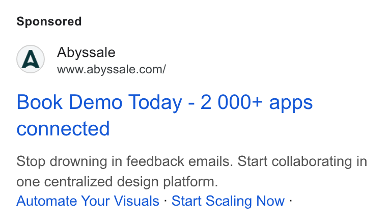 Abyssale ad on Google Ads: Book Demo Today - 2 000+ apps connected Stop drowning in feedback emails. Start collaborating in one centralized design platform. Automate Your Visuals - Start Scaling Now -