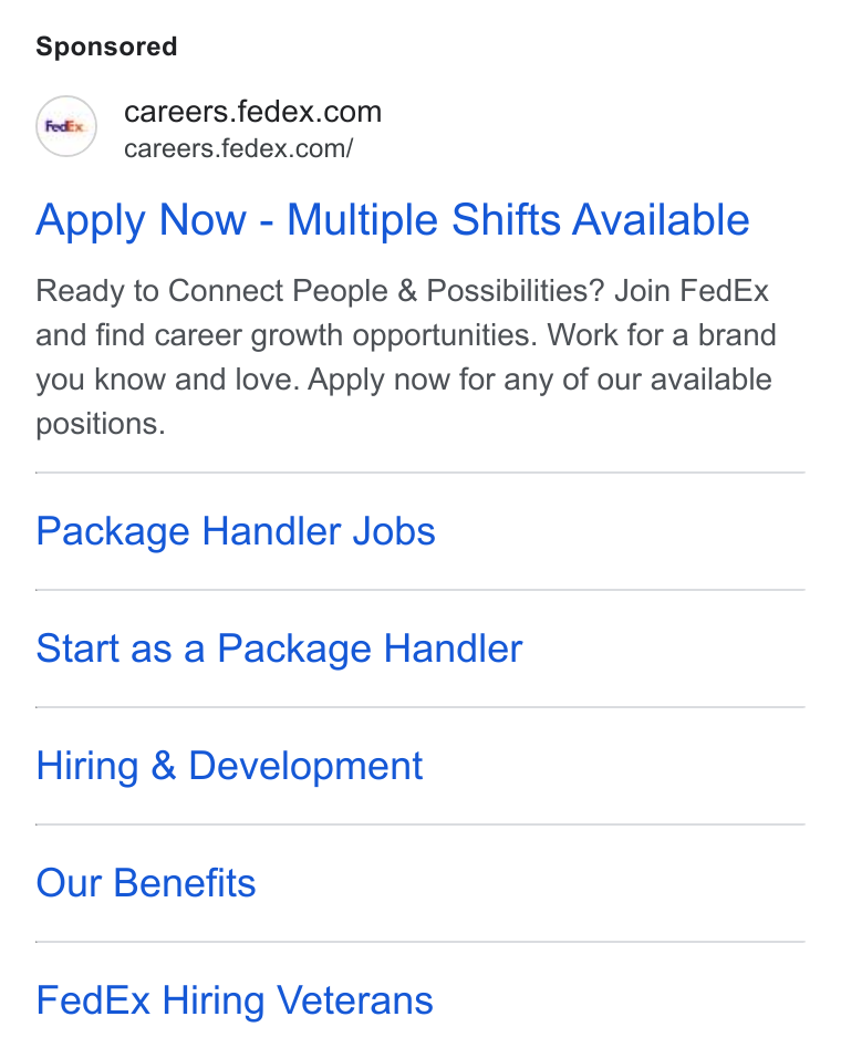 FedEx ad on Google Ads: careers.fedex.com/ Apply Now - Multiple Shifts Available Ready to Connect People & Possibilities? Join Fed Ex and find career growth opportunities. Work for a brand you know and love. Apply now for any of our available positions. Package Handler Jobs Start as a Package Handler Hiring & Development Our Benefits Fed Ex Hiring Veterans