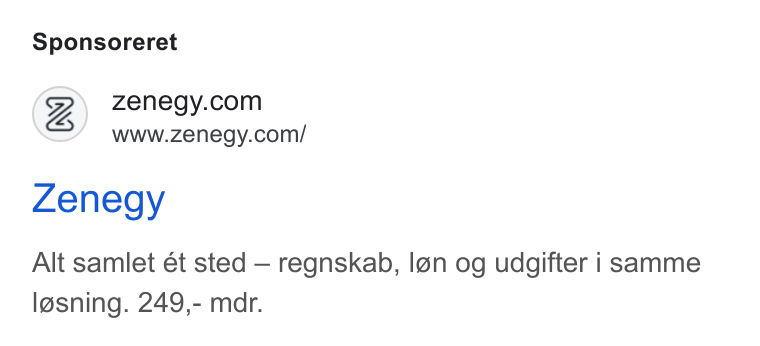 Zenegy ad on Google Ads: www.zenegy.com/ Zenegy Alt samlet ét sted — regnskab, I@n og udgifter i samme Igsning. 249,- mdr.