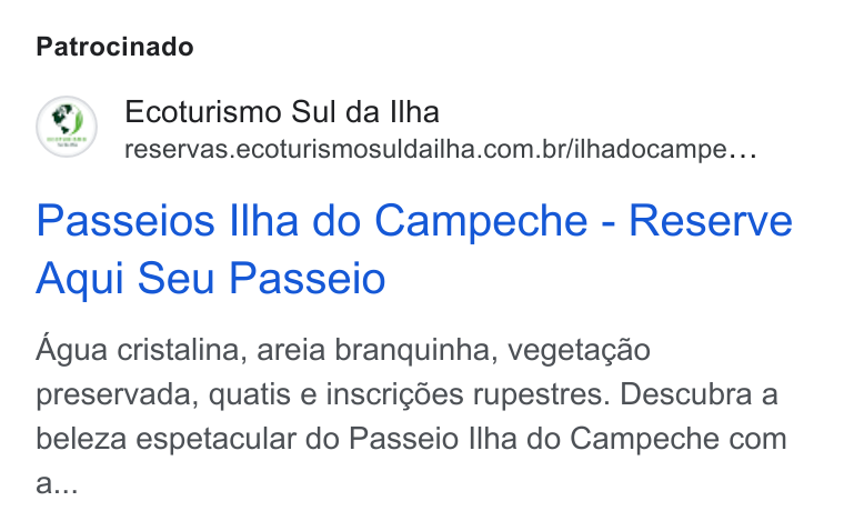 Paytour ad on Google Ads: Patrocinado Passeios Ilha do Campeche - Reserve Aqui Seu Passeio Agua cristalina, areia branquinha, vegetacao preservada, quatis e inscrig¢6es rupestres. Descubra a beleza espetacular do Passeio Ilha do Campeche com