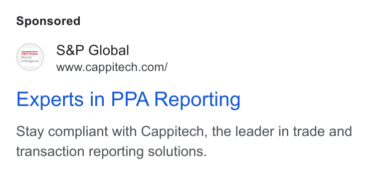 Cappitech ad on Google Ads: Experts in PPA Reporting Stay compliant with Cappitech, the leader in trade and transaction reporting solutions.
