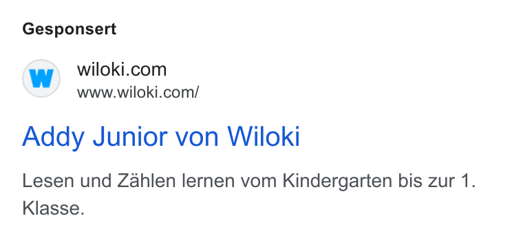 WILOKI ad on Google Ads: www.wiloki.com/ Addy Junior von Wiloki Lesen und Zahlen lernen vom Kindergarten bis zur 1. Klasse.