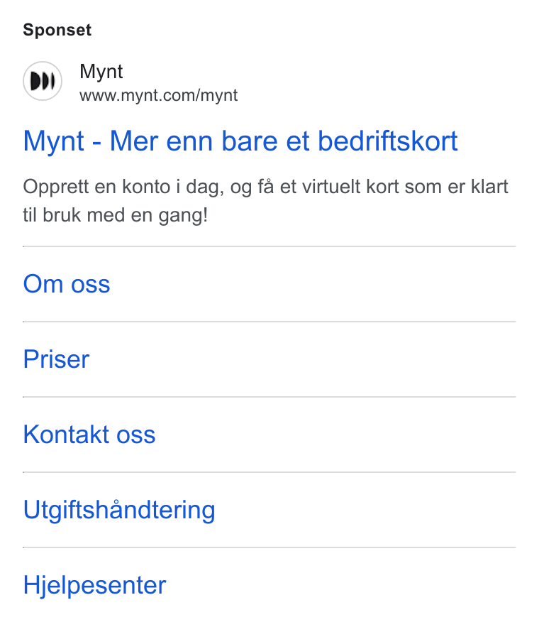 Mynt ad on Google Ads: Sponset Mynt - Mer enn bare et bedriftskort Opprett en konto i dag, og fa et virtuelt kort som er klart til bruk med en gang! Om oss Priser Kontakt oss Utgiftshandtering Hjelpesenter
