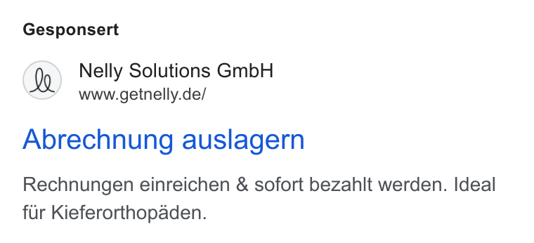 Nelly Solutions ad on Google Ads: Gesponsert Abrechnung auslagern Rechnungen einreichen & sofort bezahlt werden. Ideal fur Kieferorthopaden.