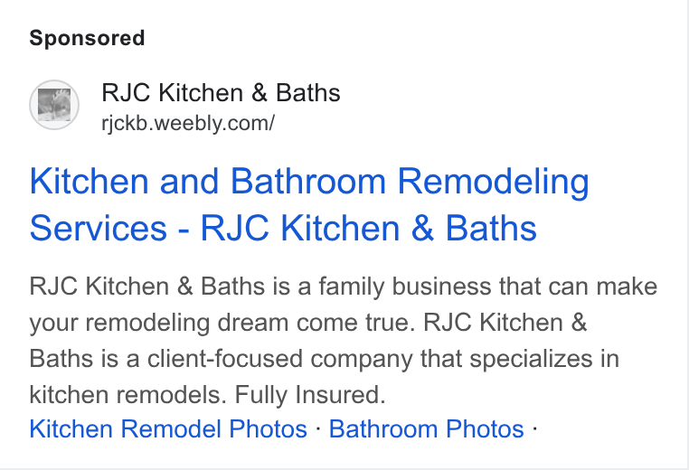 Weebly ad on Google Ads: RJC Kitchen & Bath vokb wwoebly com ams Kitchen and Bathroom Remodeling Services - RJC Kitchen & Baths RJC Kitchen & Baths is a family business that can make your remodeling dream come true. RJC Kitchen & Baths is a client-focused company that specializes in kitchen remodels. Fully Insured. Kitchen Remodel Photos - Bathroom Photos -