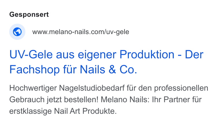 Shopgate ad on Google Ads: UV-Gele aus eigener Produktion - Der Fachshop fur Nails & Co. Hochwertiger Nagelstudiobedarf fur den professionellen Gebrauch jetzt bestellen! Melano Nails: Ihr Partner fur erstklassige Nail Art Produkte.