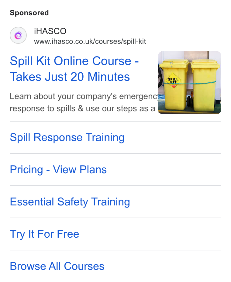 iHasco ad on Google Ads: Spill Kit Online Course - Takes Just 20 Minutes Learn about your company's emergenc . | , response to spills & use our steps as a Spill Response Training Pricing - View Plans Essential Safety Training Try It For Free Browse All Courses