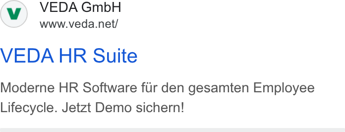 VEDA ad on Google Ads: VEDA HR Suite Moderne HR Software fur den gesamten Employee Lifecycle. Jetzt Demo sichern!