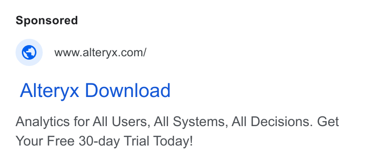 Alteryx ad on Google Ads: Alteryx Download Analytics for All Users, All Systems, All Decisions. Get Your Free 30-day Trial Today!