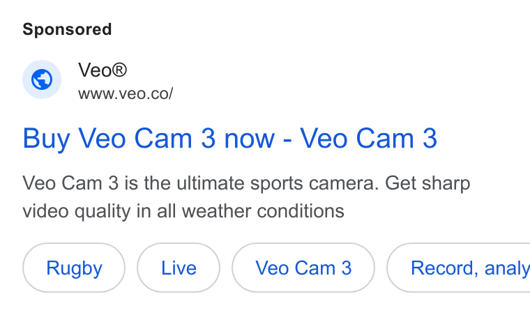 Veo Technologies ad on Google Ads: Veo® WWW. VE0. CO/ Buy Veo Cam 3 now - Veo Cam 3 Veo Cam 3 is the ultimate sports camera. Get sharp video quality in all weather conditions Rugby ( veo cam) Record, analy