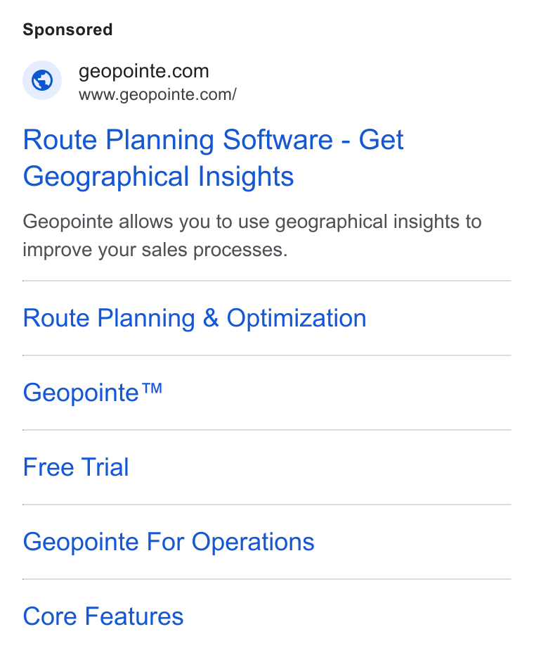 Geopointe ad on Google Ads: Www.geopointe.com/ Route Planning Software - Get Geographical Insights Geopointe allows you to use geographical insights to improve your sales processes. Route Planning & Optimization Geopointe™ Free Trial Geopointe For Operations Core Features